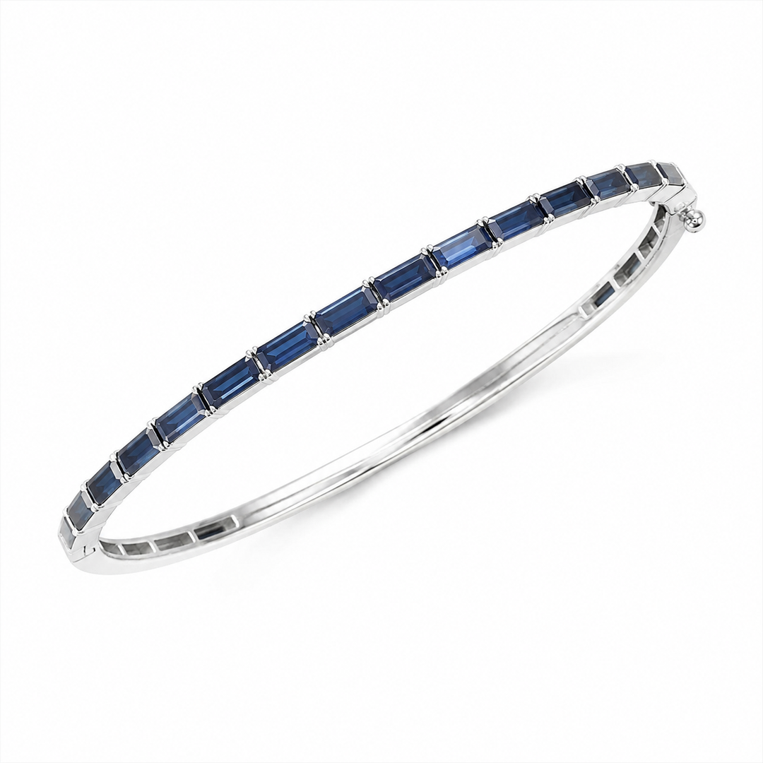 BNZ68665. 14K Solid White Gold Bangle with Blue Sapphire Baguette Stones