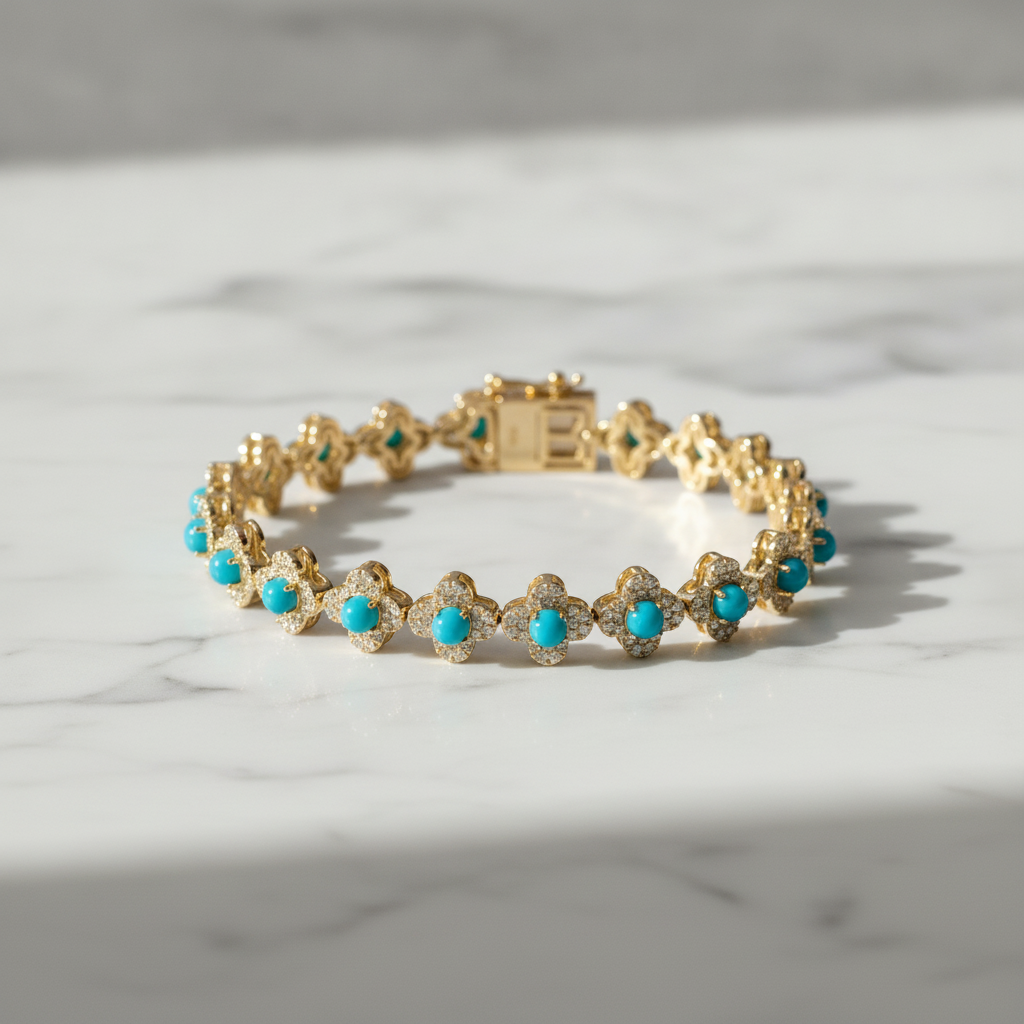 BR402766. 14K Solid Gold Diamond and Turquoise Flower Bracelet