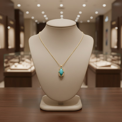 CP97140TQ15X7.5. 14k Solid Gold Diamond and Turquoise Fancy Rectangle Necklace