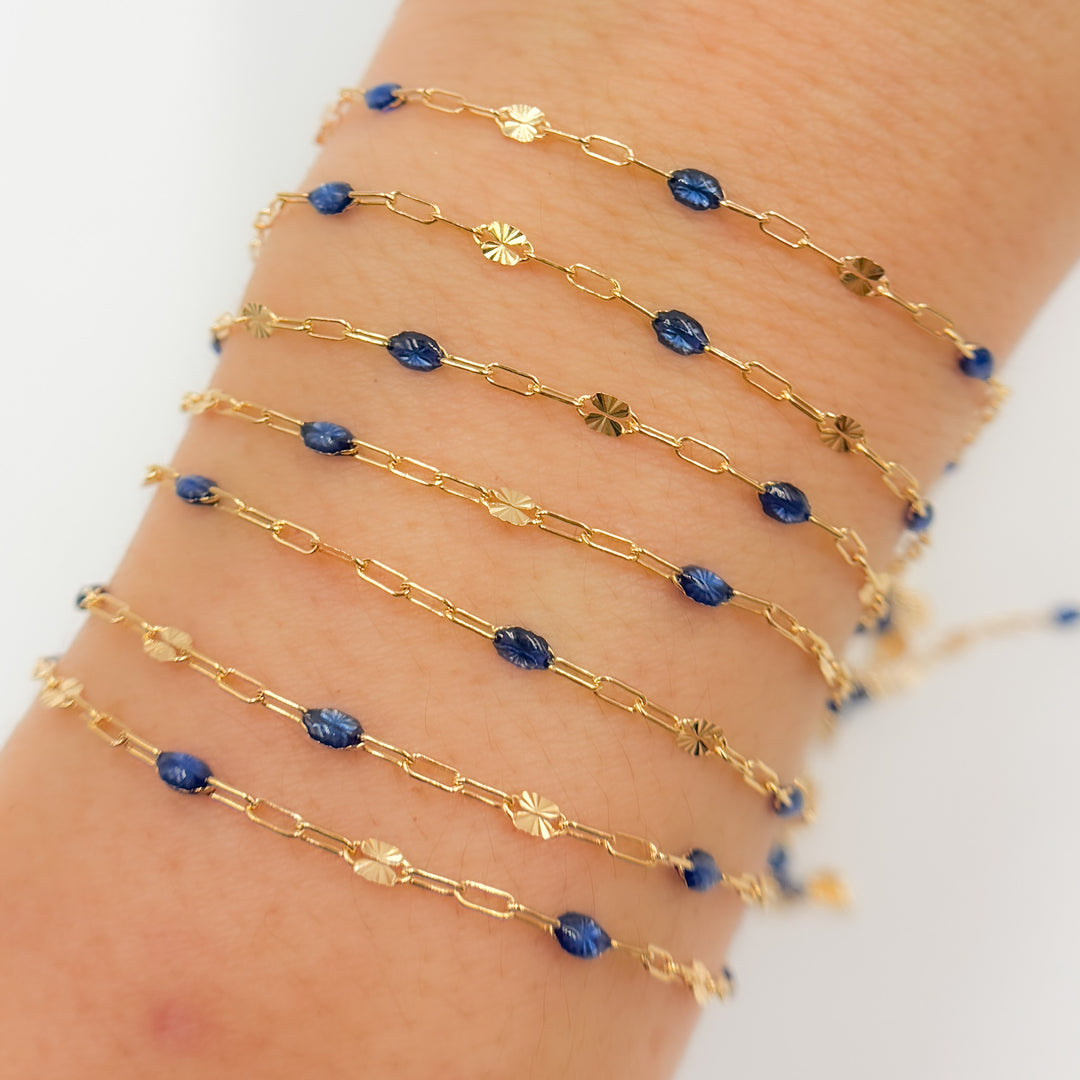 V295BLGF. 14K Gold Filled Blue Color Enamel with Paperclip and Diamond Cut Marina Links