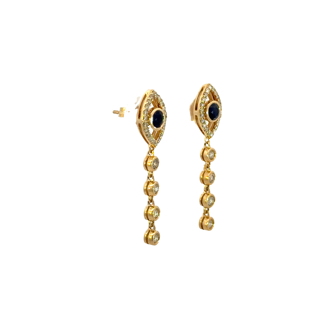 14K Solid Gold Diamond and Blue Sapphire Dangle Eye Earrings.  EFH52337BS