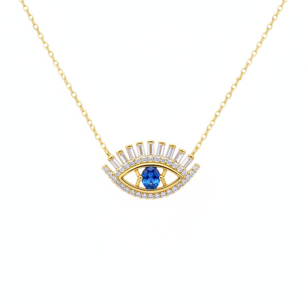 NFD70803. 14k Solid Yellow Gold, Diamonds & Precious Stones Cable Link Evil Eye Necklace