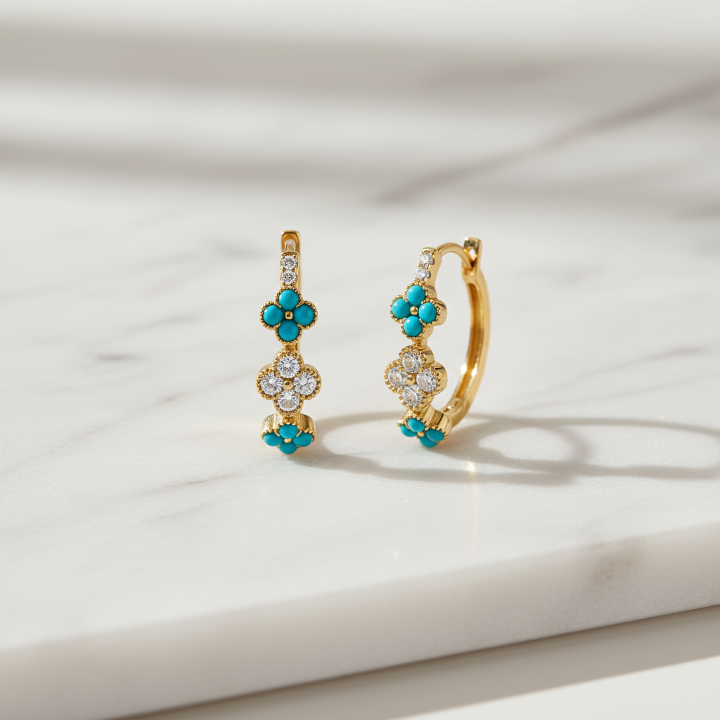 HP402565. 14k Solid Gold Diamond and Turquoise Fancy Flower Hoop Earrings