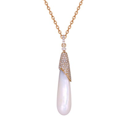 14K Solid Gold Diamond and Pearl Dangle Drop Necklace