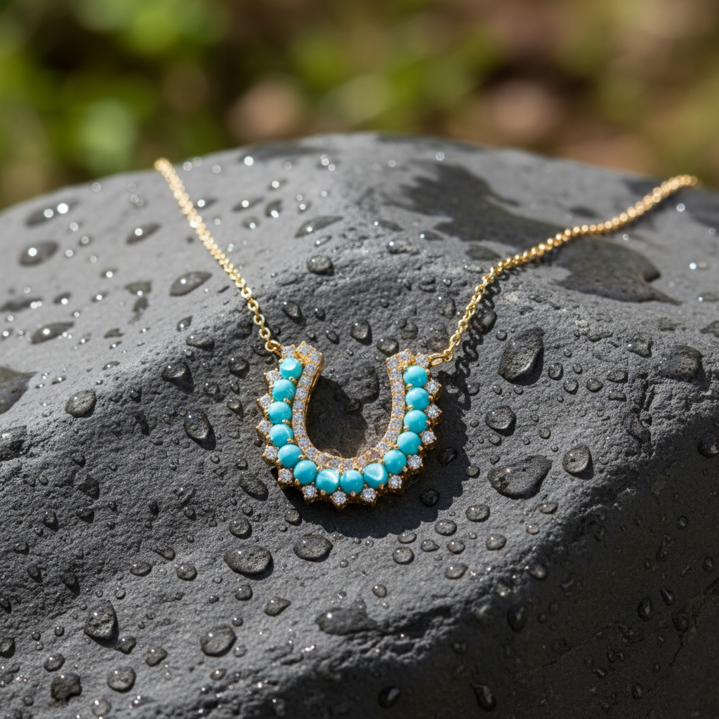NFE72951TQ. 18K Solid Gold Turquoise Horseshoe Necklace