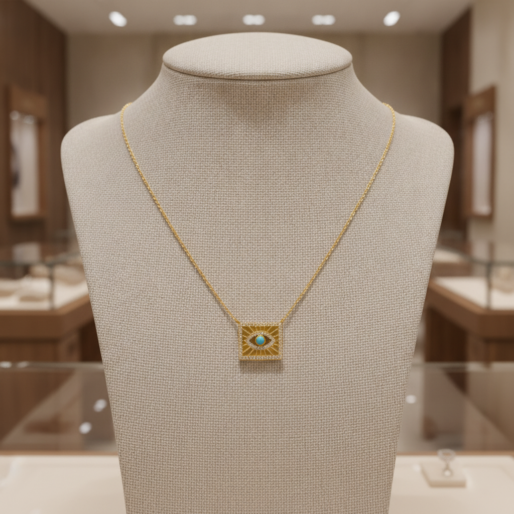 NFC72324TQ. 14k Solid Gold Diamond and Turquoise Evil Eye Necklace