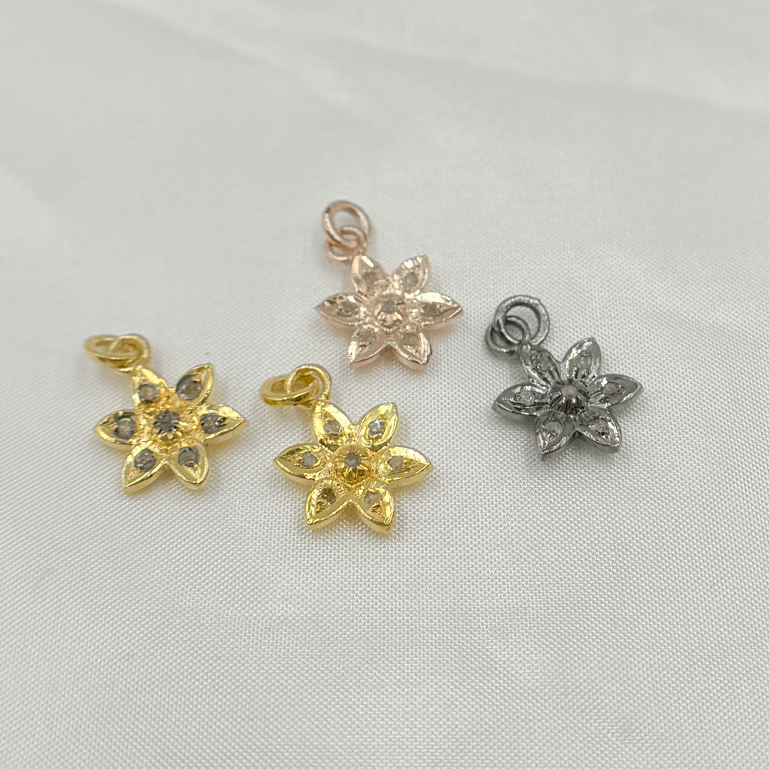 Pave Diamond & 925 Sterling Silver Black Rhodium, Two Tone (Black Rhodium and Gold Plated), Gold Plated, and Rose Gold Plated Flower Charm. DC553