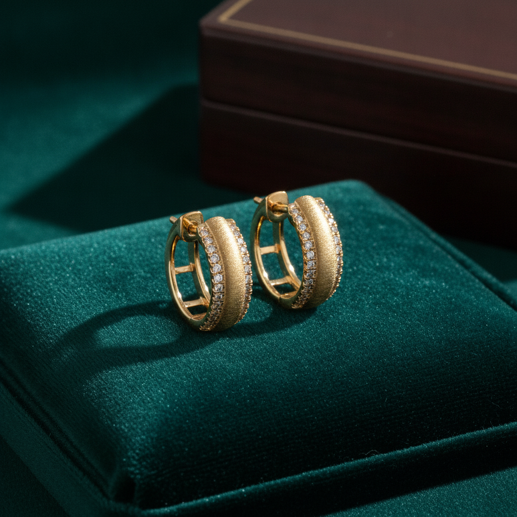 EHD57280. 14K Solid Yellow Gold Diamond Hoop Earrings