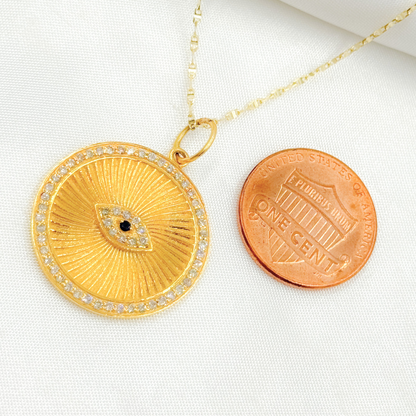 GDP307. 14K Solid Gold Circle with Evil Eye in the Center in Diamond and Gemstones