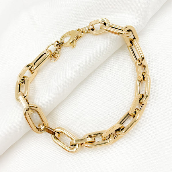 14k Solid Yellow Hollow Gold Smooth and Flat Oval Link Bracelet