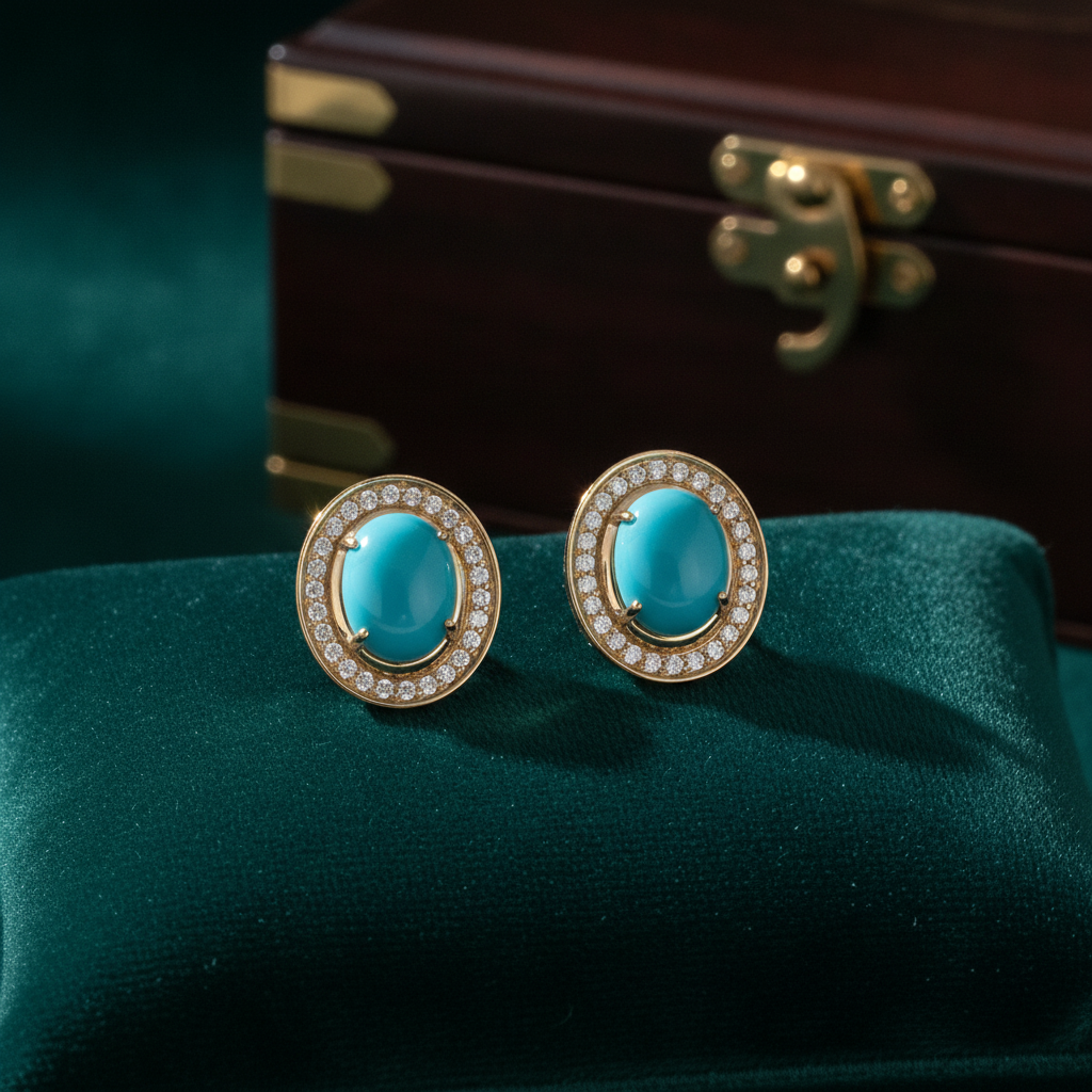 CE97455TQ9X7. 14K Solid Gold Diamond and Turquoise Oval Stud Earrings
