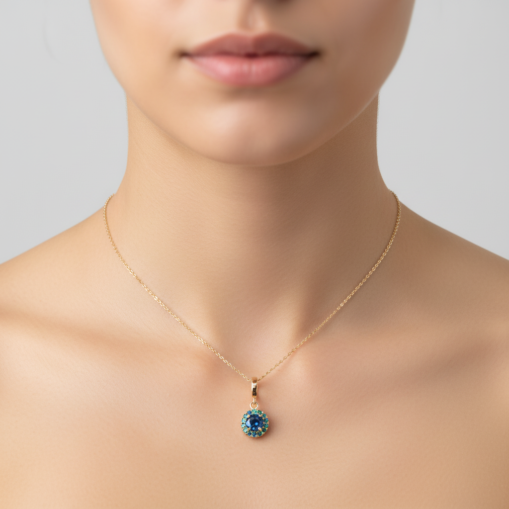 CMF00358B. 14K Solid Gold Blue Natural Diamond Round Charm