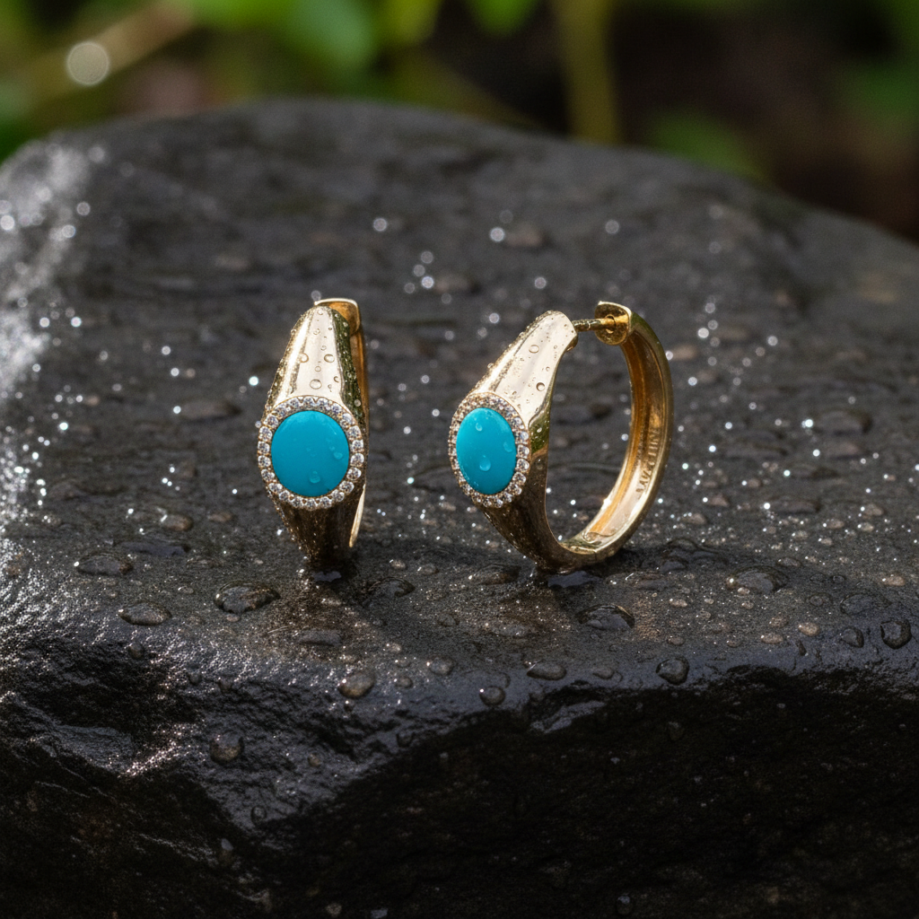 DER04116TQ. 14K Solid Gold Turquoise and Diamond Hoops