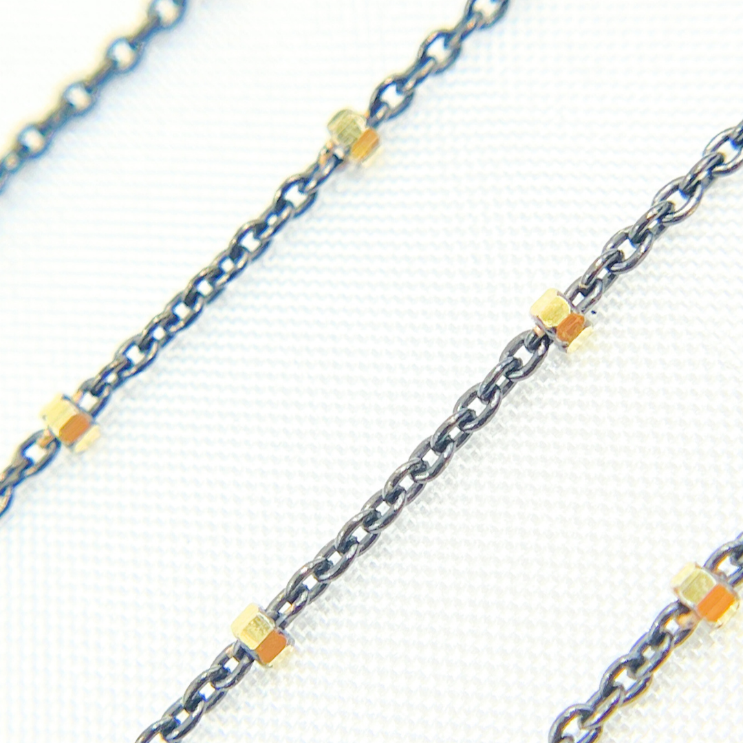 Z36GB1. Oxidized 925 Sterling Silver Satellite Gold Plated Cube Chain