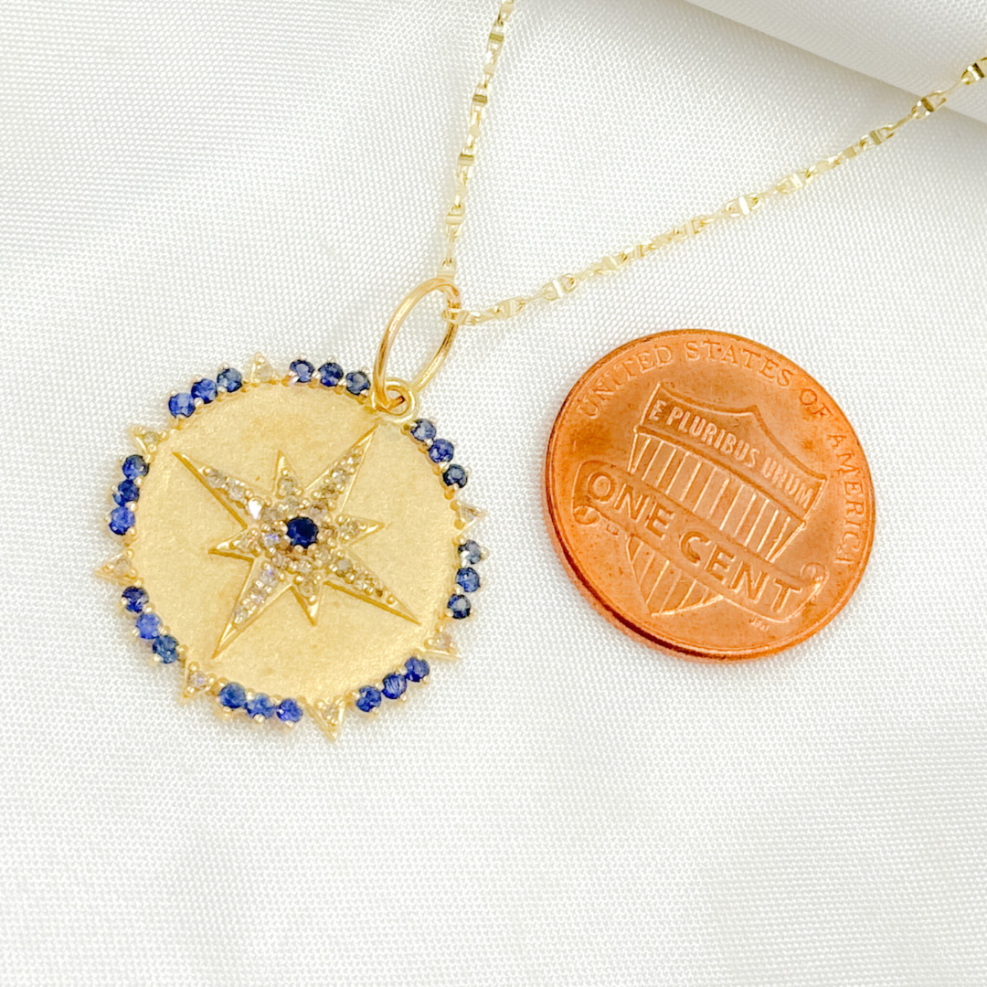 GDP558. 14K Solid Gold Diamond Circle Shape Charm with Star in the Center in Gemstones