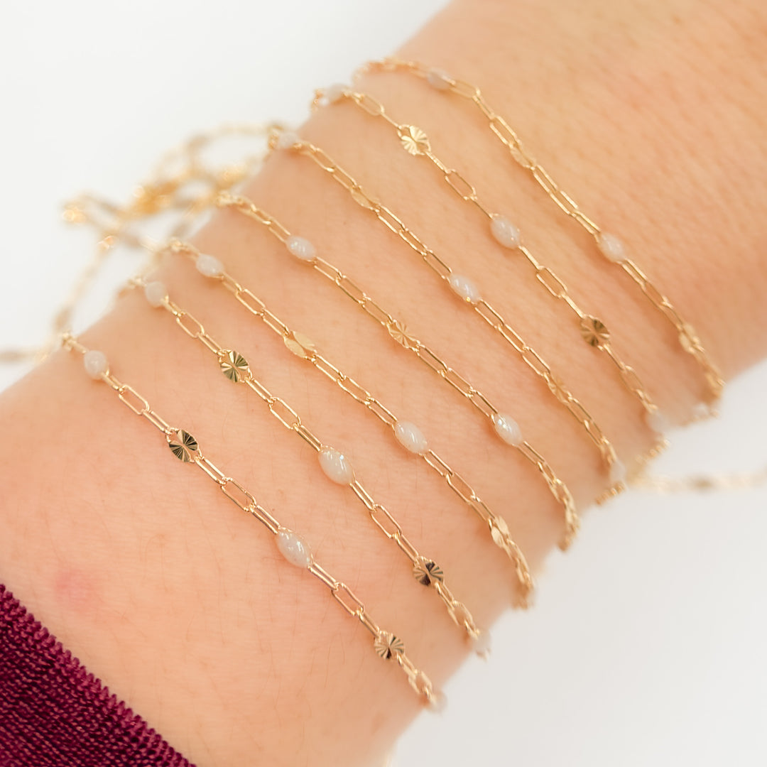 V295OP1GF. 14K Gold Filled Golden Shade Opal Enamel Chain with Paperclip and Diamond Cut Marina Links