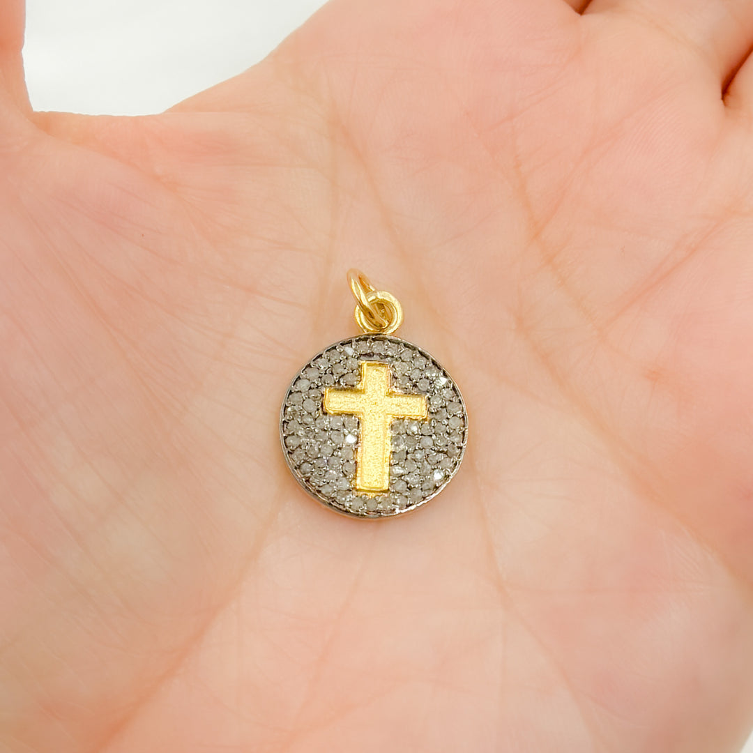 DC326. Pave Diamond & 925 Sterling Silver Black Rhodium, Two-Tone (Black Rhodium and Gold Plated), Gold Plated and Rose Gold Plated Round Cross Charm.