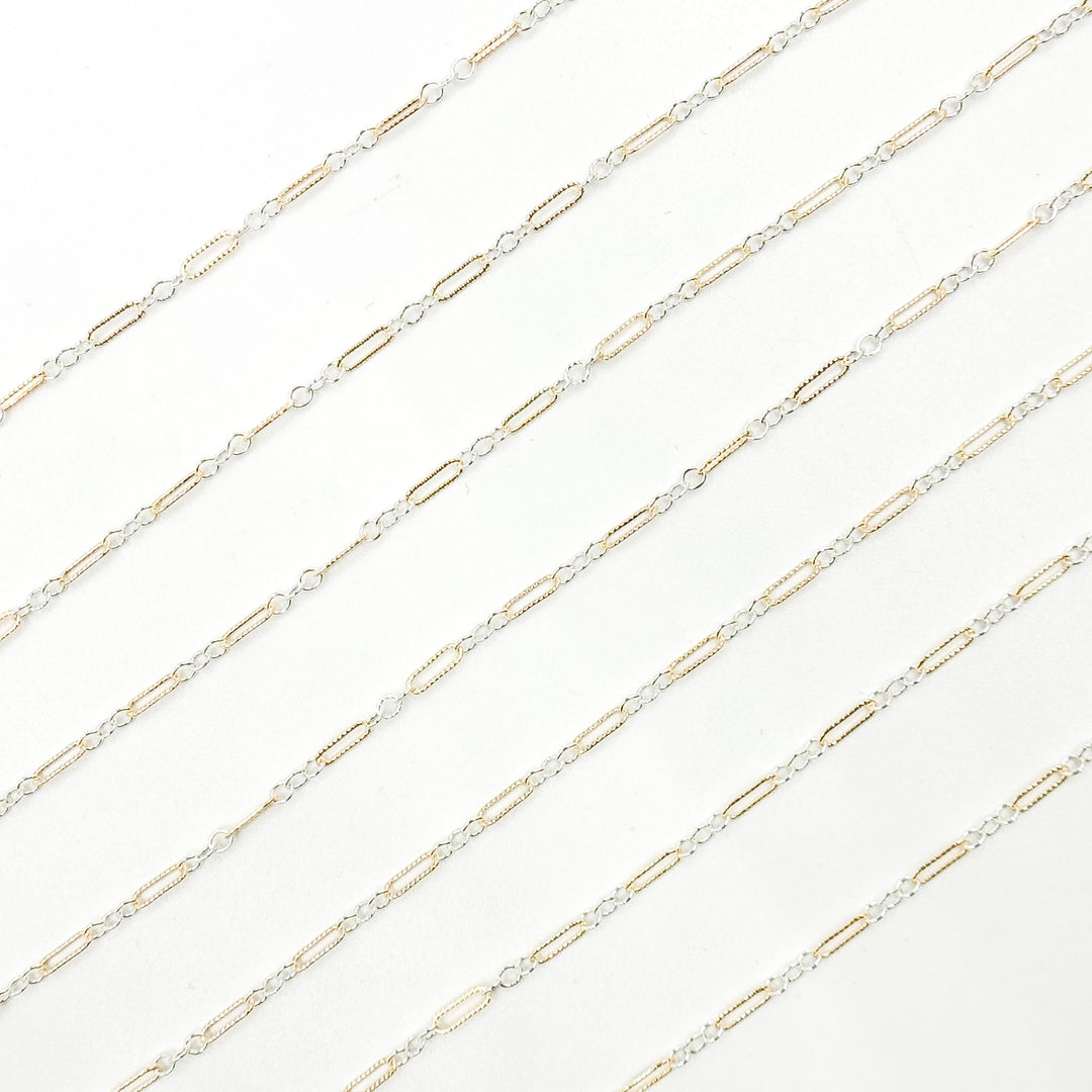 XM/1003K/SP. 14K Gold Filled and Sterling Silver Knurled Link Chain – Long & Short Pattern