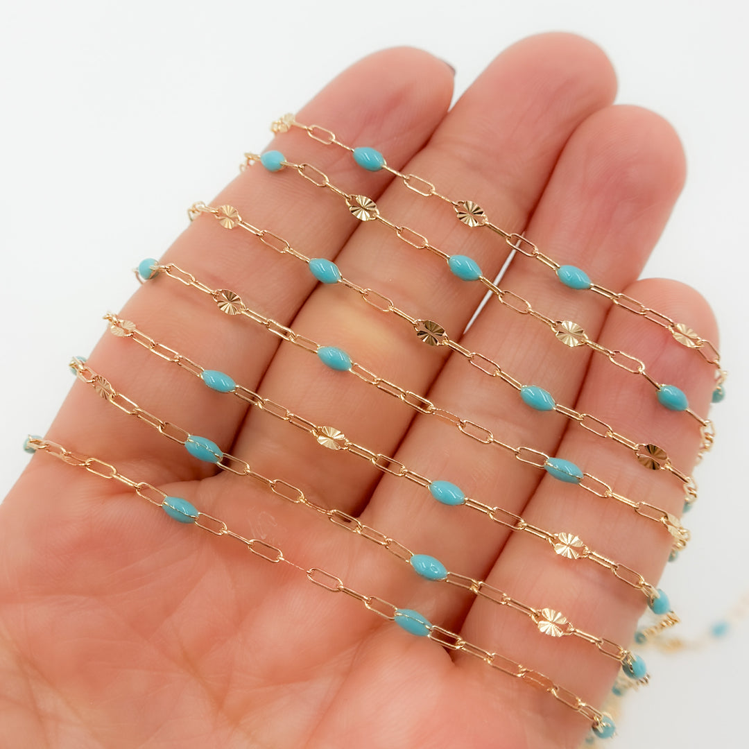 V295TURGF. 14K Gold Filled Turquoise Color Enamel with Paperclip and Diamond Cut Marina Links