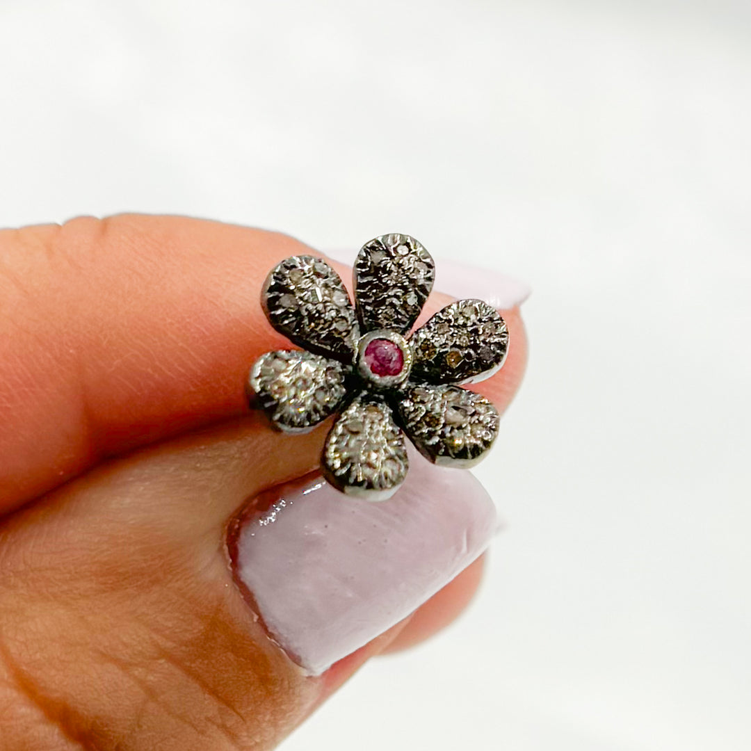 DE058. Diamond and Gemstones Sterling Silver Flower Studs