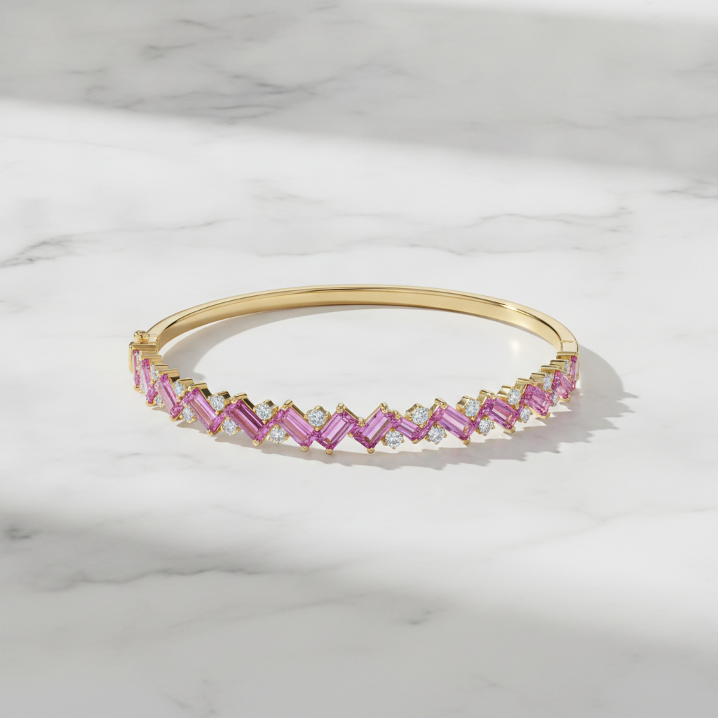 BNG68665PS. 14K Yellow Gold Baguette-Cut Pink Sapphire & Diamond Bangle