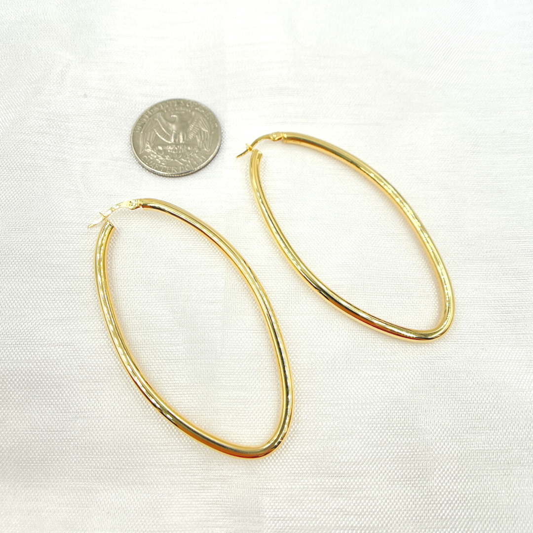 GER152. 14K Solid Gold Hollow Oval Hoop