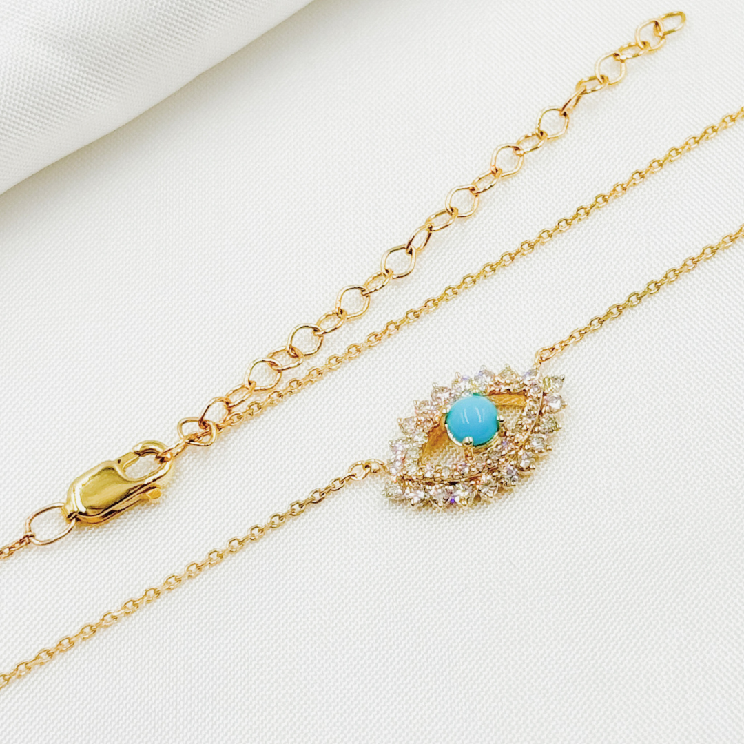 14K Solid Gold Diamond and Turquoise Eye Necklace. NFG71492TQ