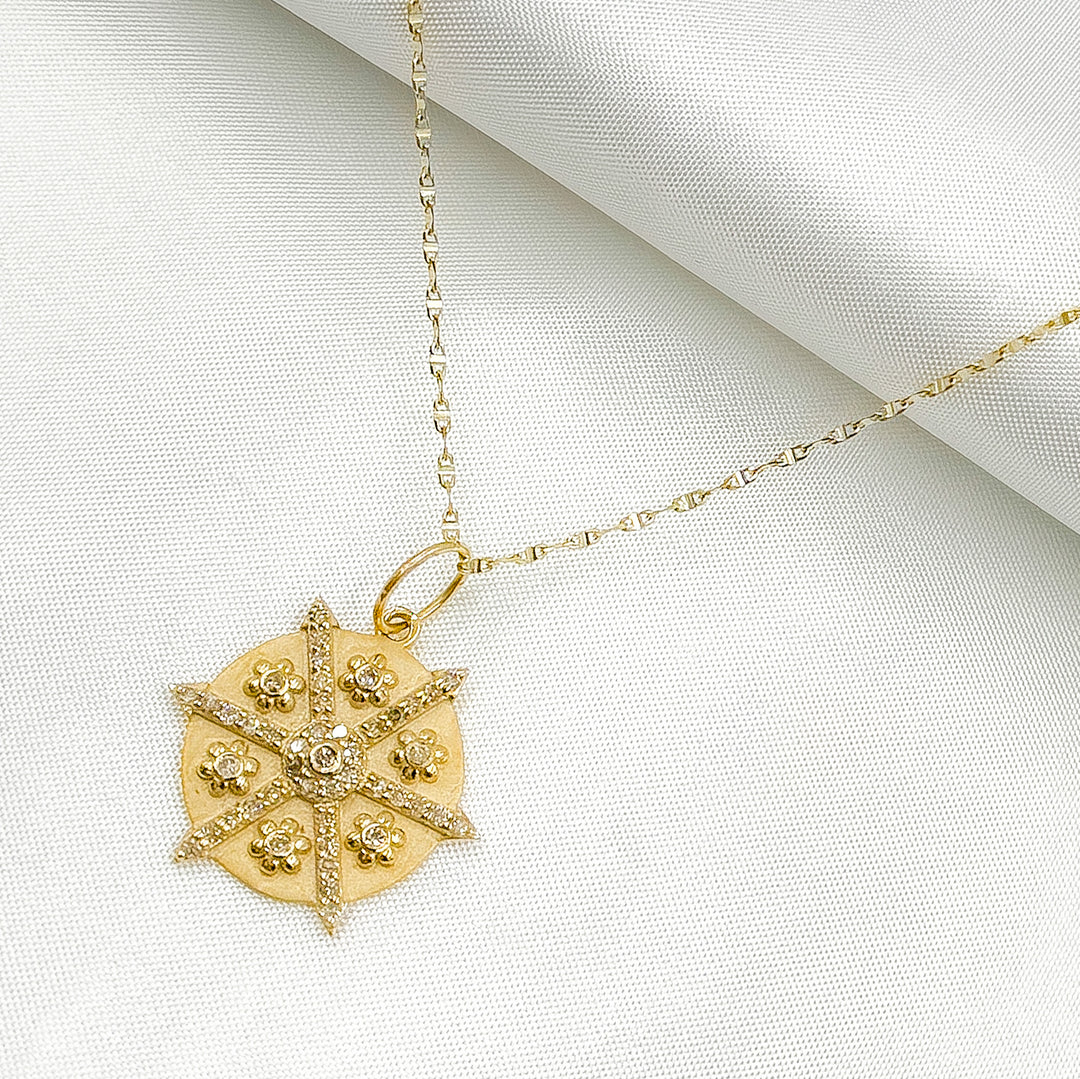 14K Solid Gold Diamonds and Gemstones Circle Charm with Flowers between Arrows. GDP619