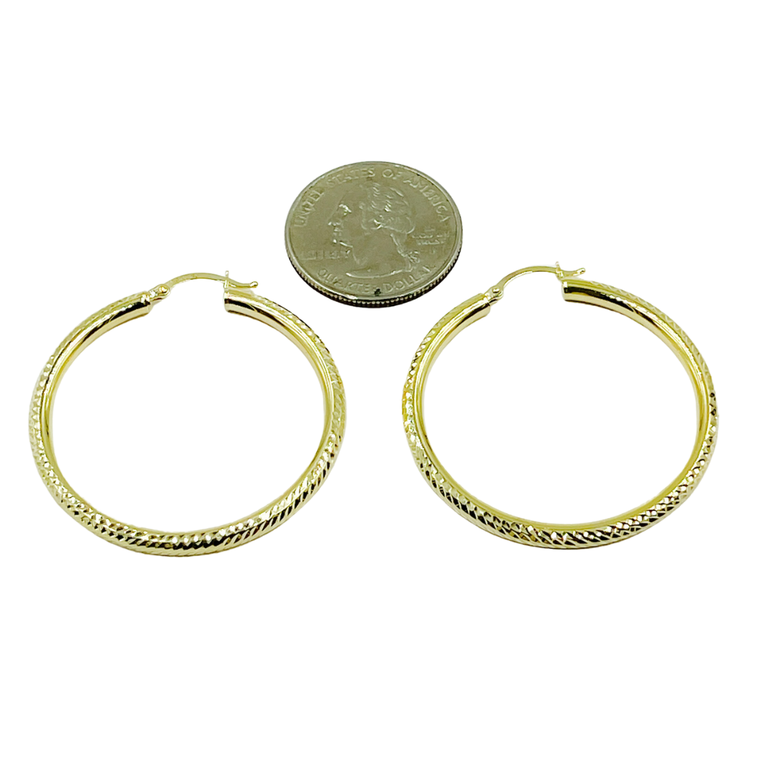 GER58. 14K Gold Hoop Earrings with Engraved Tornado Design