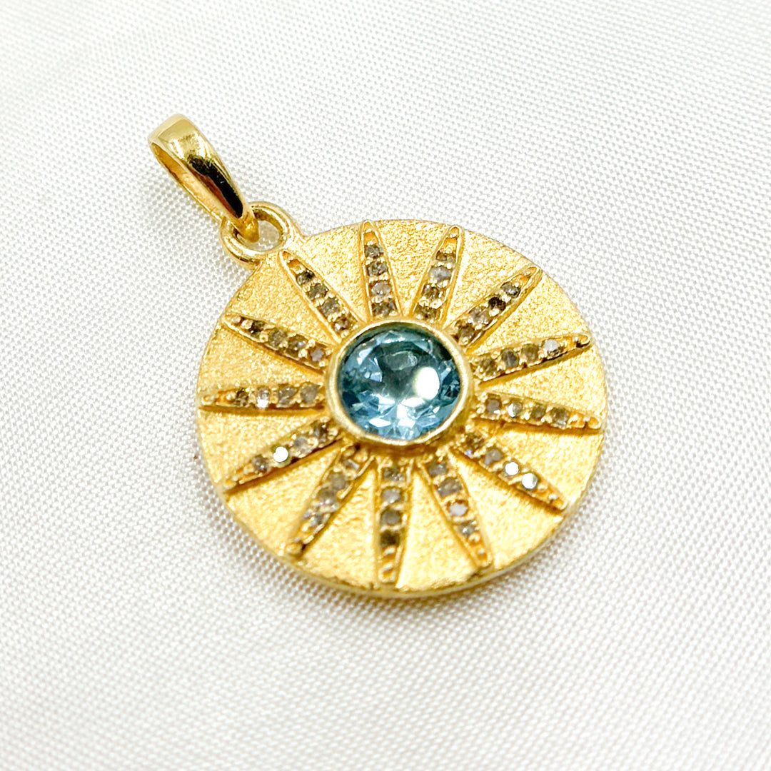 DSP067. Diamond Sterling Silver Round Sun Pendant with Gemstone