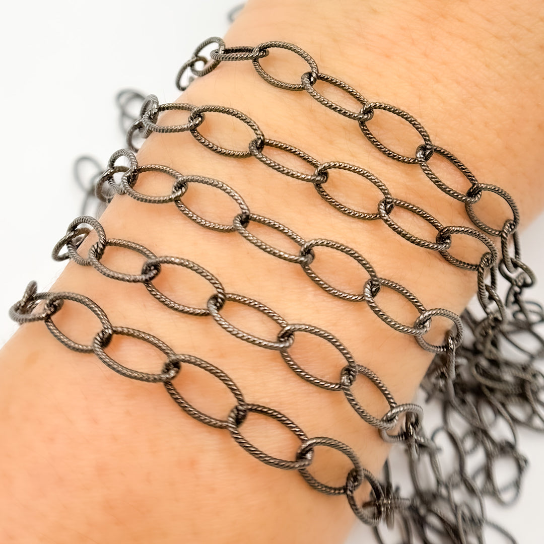 V259BR. Black Rhodium Sterling Silver Twisted Round Link Chain