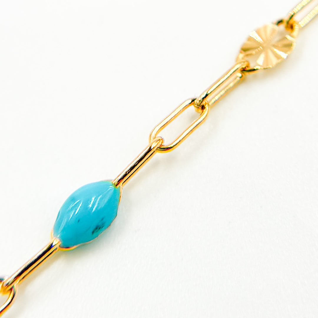 V295TURGF. 14K Gold Filled Turquoise Color Enamel with Paperclip and Diamond Cut Marina Links