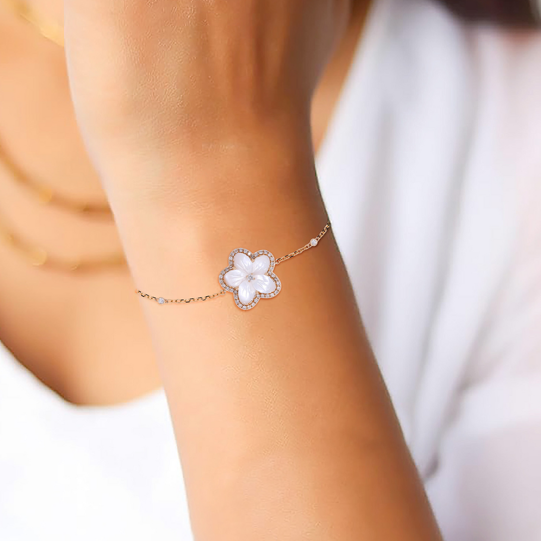 BFG60926PL. 14K Solid Gold Diamond and Mother of Pearl Flower Bracelet