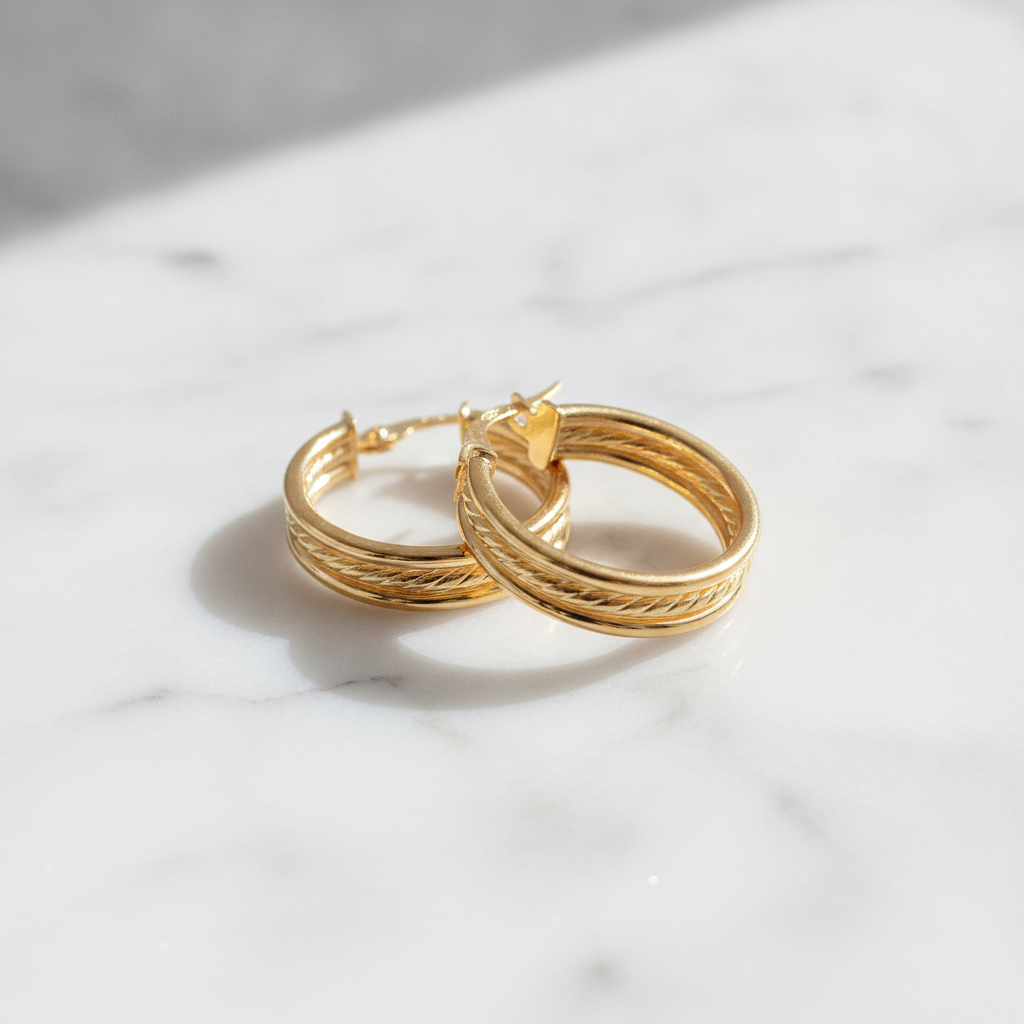 15850017958. 14K Solid Gold Smooth and Textured Triple Line Hollow Hoop Earrings