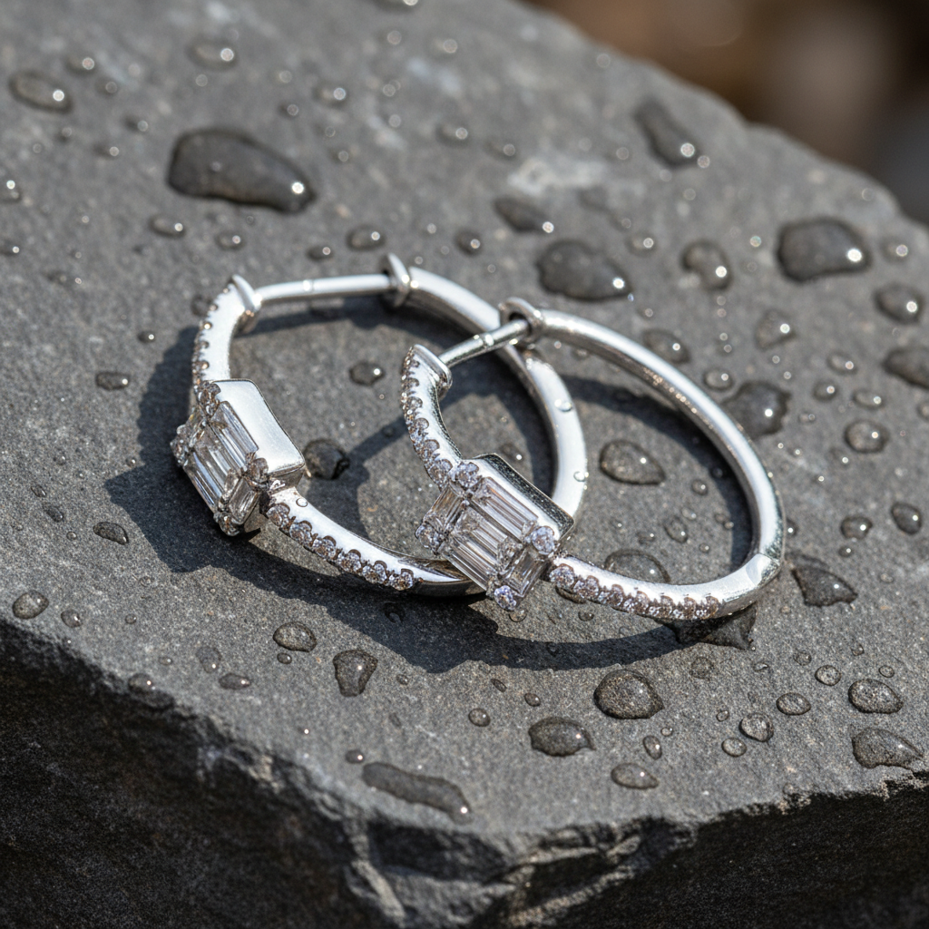 EHG57036. 14k Solid Gold Diamond Baguette Oval Hoops
