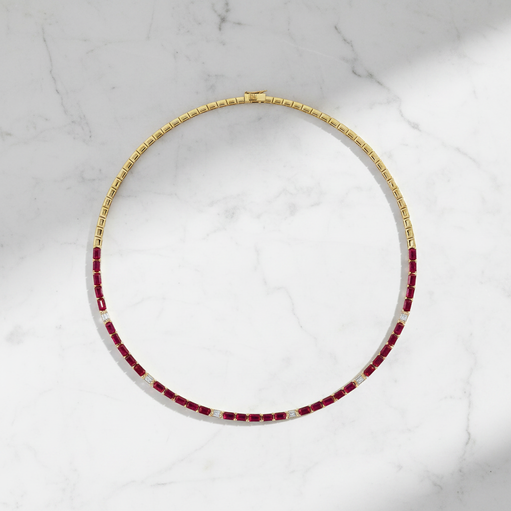 CN97276RU5X3. 14K Solid Gold Diamond and Ruby Tennis Necklace