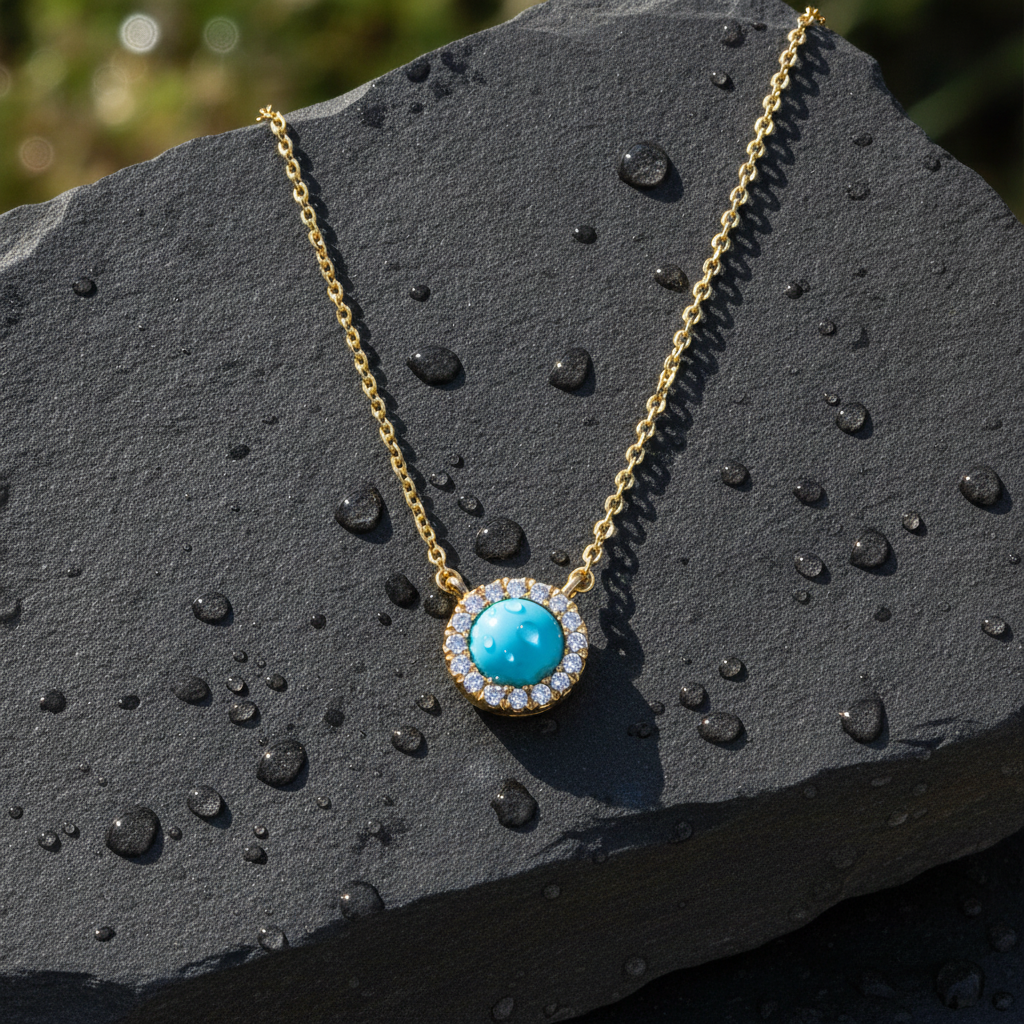 NFB71922. 14K Solid Gold Diamond and Turquoise Necklace