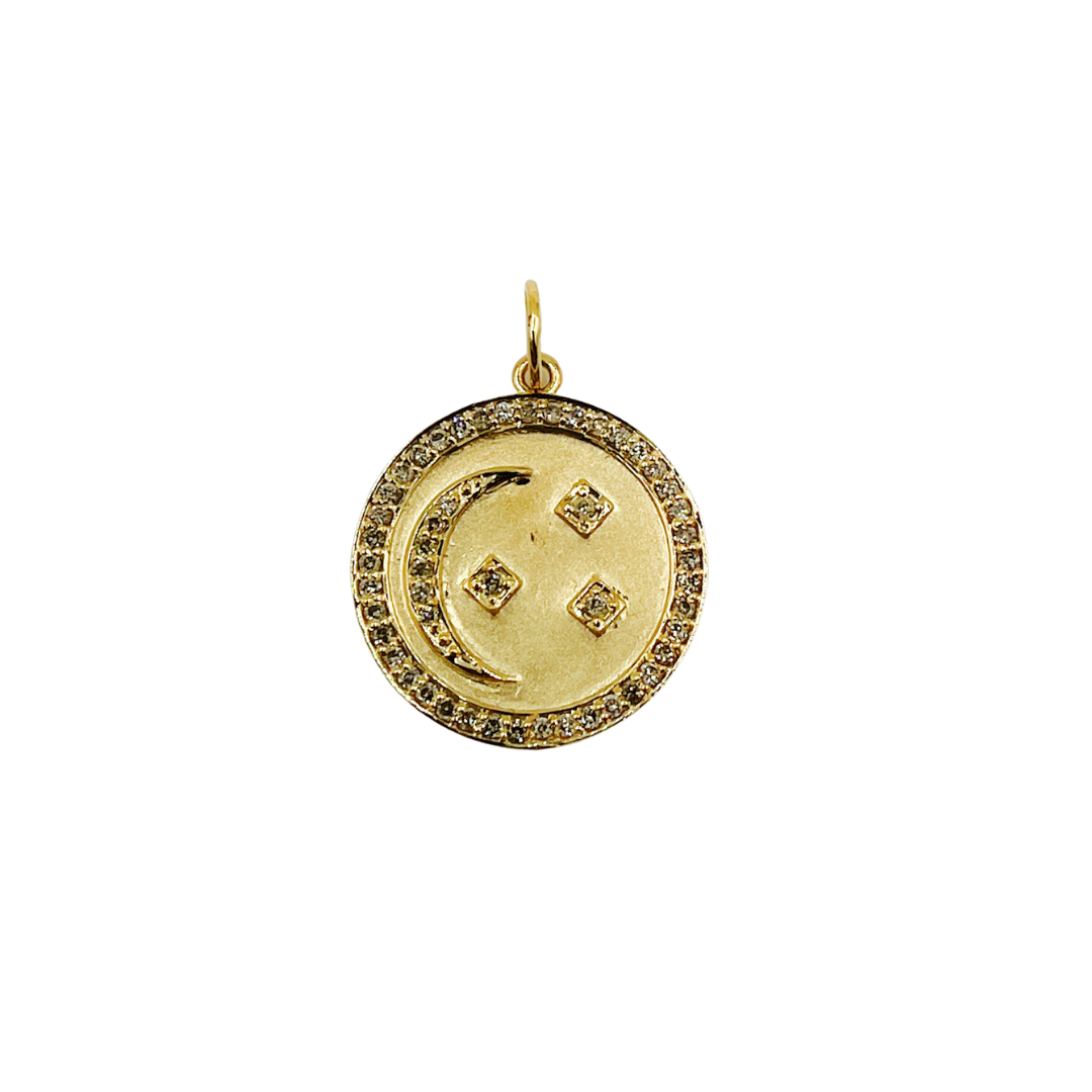 14K Solid Gold with Diamonds Circle Charm with Moon and Squares in the Center. GDP72