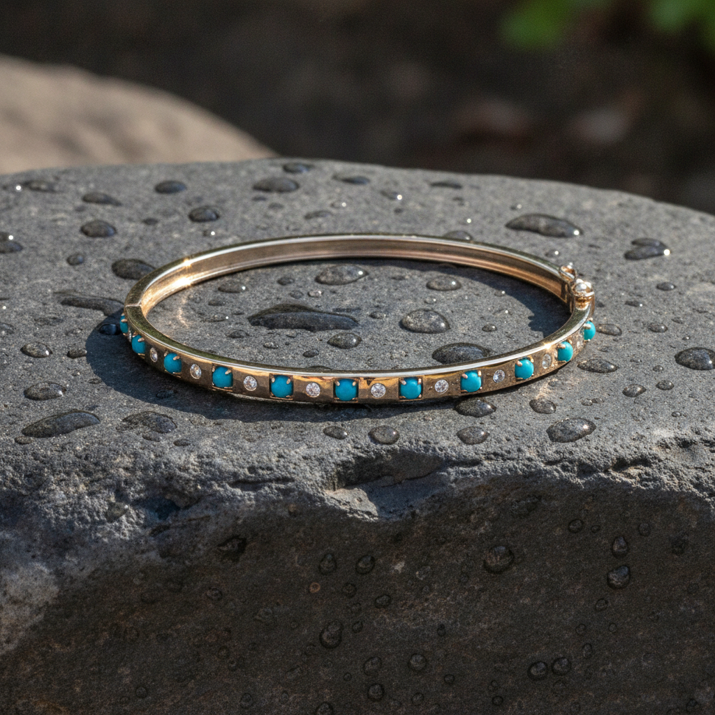 BNE68710. 14K Solid Gold Diamond & Gemstone Bangle