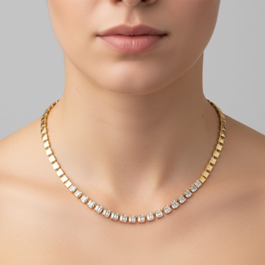 NFP71428. 14K Solid Gold Diamond Baguette Squares Necklace