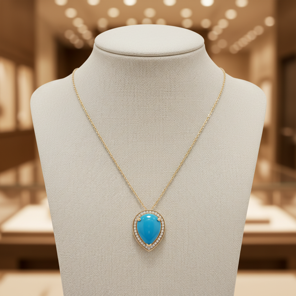 CP96889TQ15X11. 18K Solid Gold Diamond and Turquoise Pendant