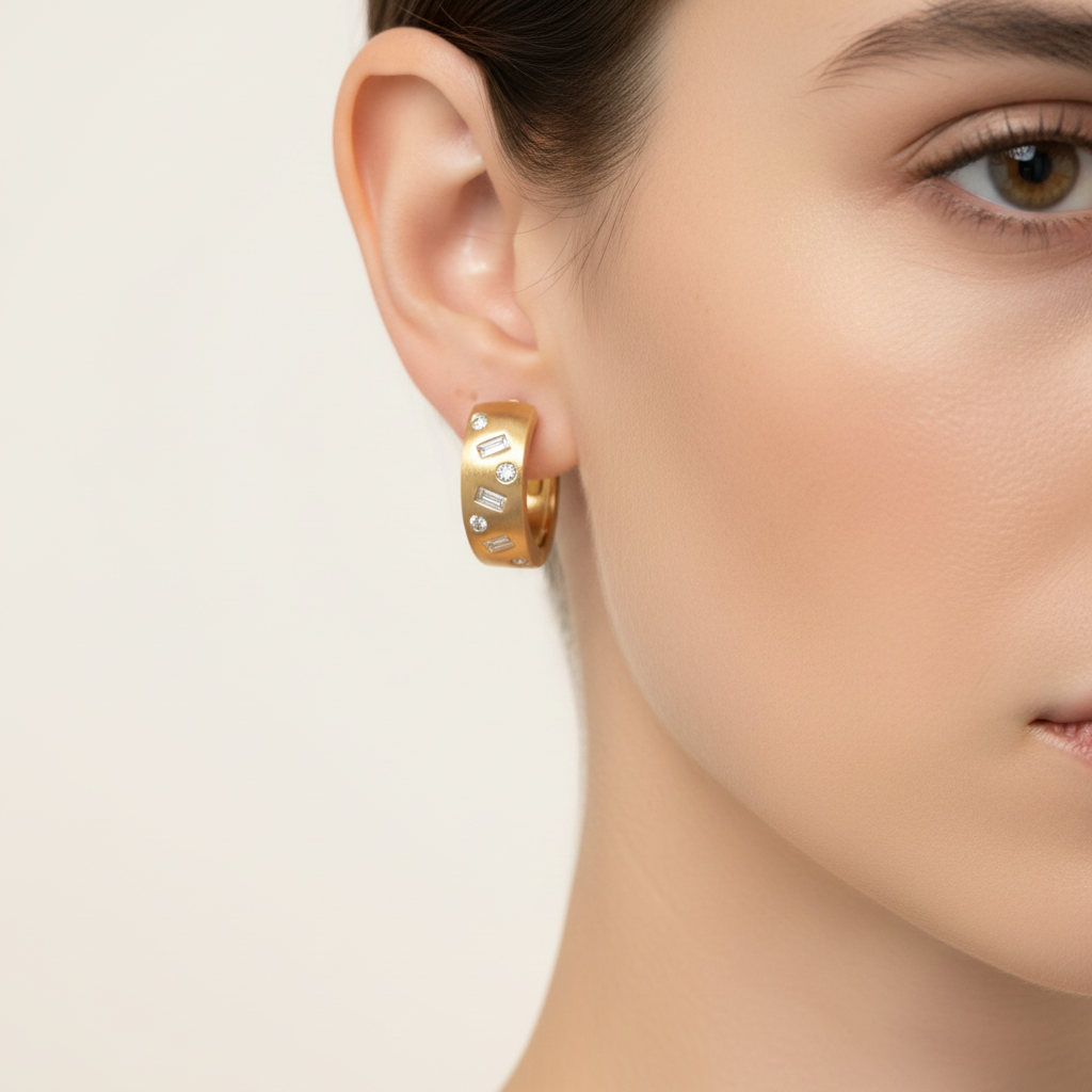 EHF57592. 14K Solid Yellow Matte Gold Diamond Hoop Earring