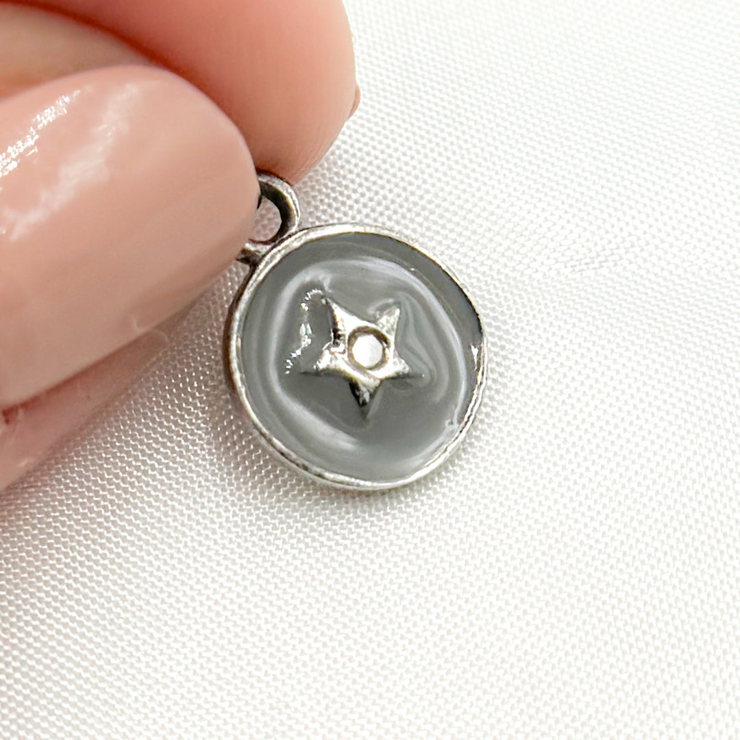 DC135A. Diamond Sterling Silver Round Star Enamel Charm