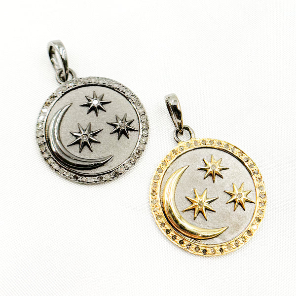 Diamond Sterling Silver Moon & Star Round Pendant