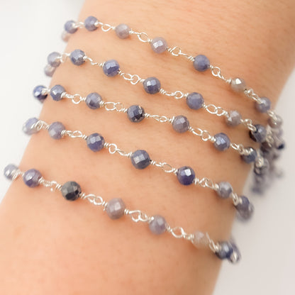 Coated Blue Quartz Sterling Silver Wire Wrap Chain