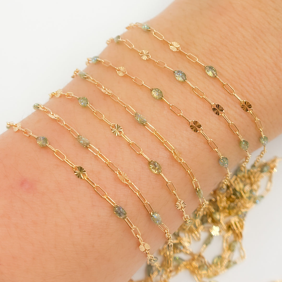 V295OP3GF. 14K Gold Filled Green Shade Opal Enamel Chain with Paperclip and Diamond Cut Marina Links