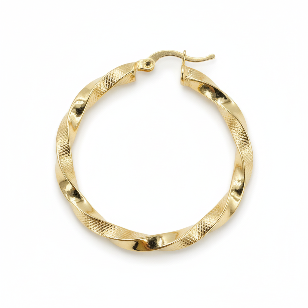 GER129. 14K Solid Gold Twisted Hoop with Texture