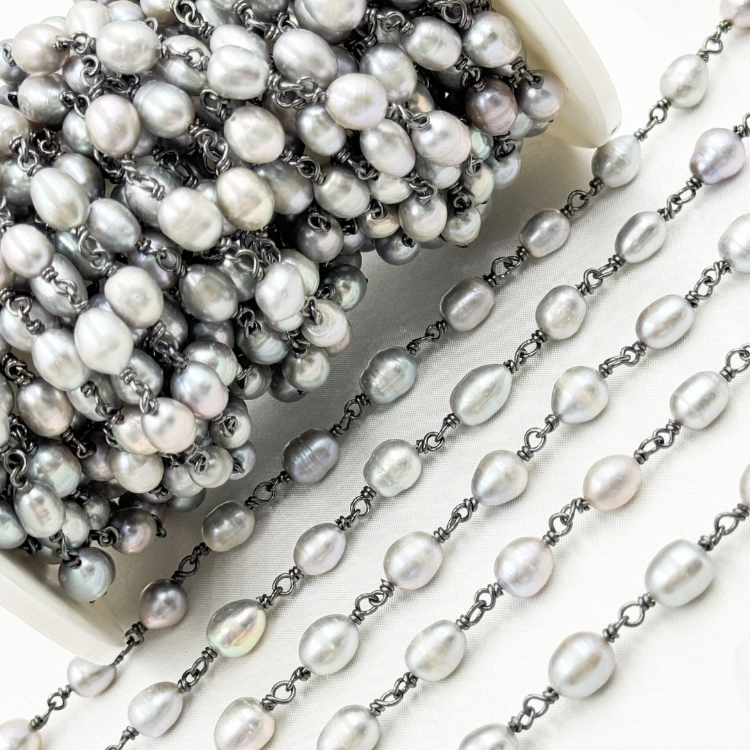 Grey Freshwater Pearl Organic Shape Wire Wrap Chain