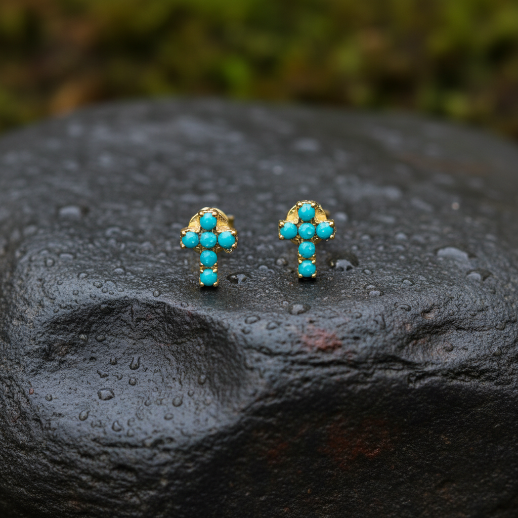 ER427136. 14k Solid Gold Diamond and Gemstone Cross Stud Earrings