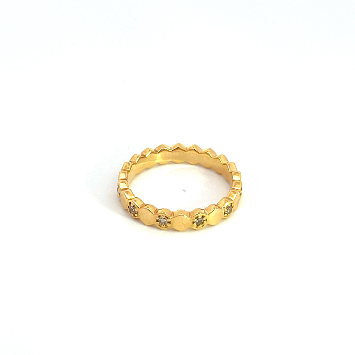 14K Solid Yellow Gold Diamond Hexagon Shape Ring.
